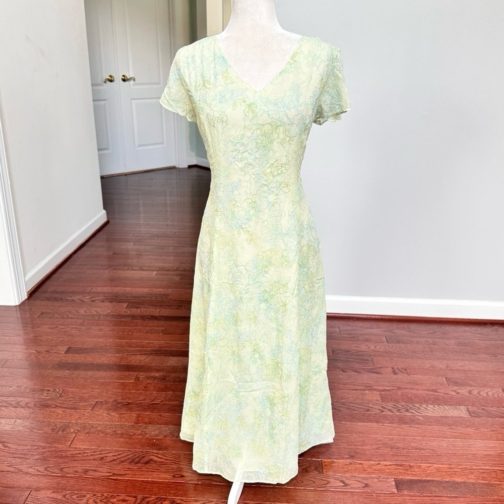 Coldwater Creek 100% Silk Green Blue Hues Embroidered Floral Dress